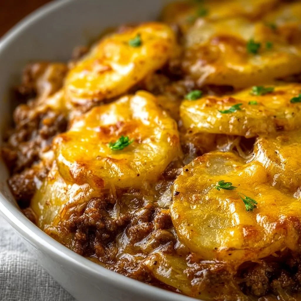 Crockpot Hamburger Potato Casserole served in a bowl with cheese on top