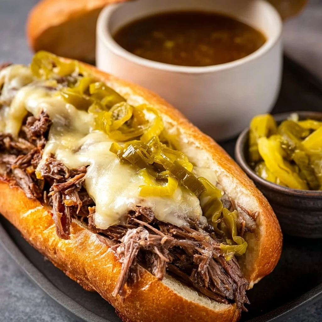Crockpot Italian beef sandwich served with toppings on a plate.
