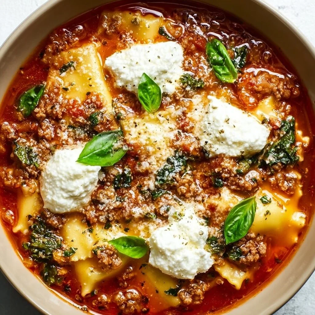 Bowl of delicious Crockpot Lasagna Soup with cheese and herbs