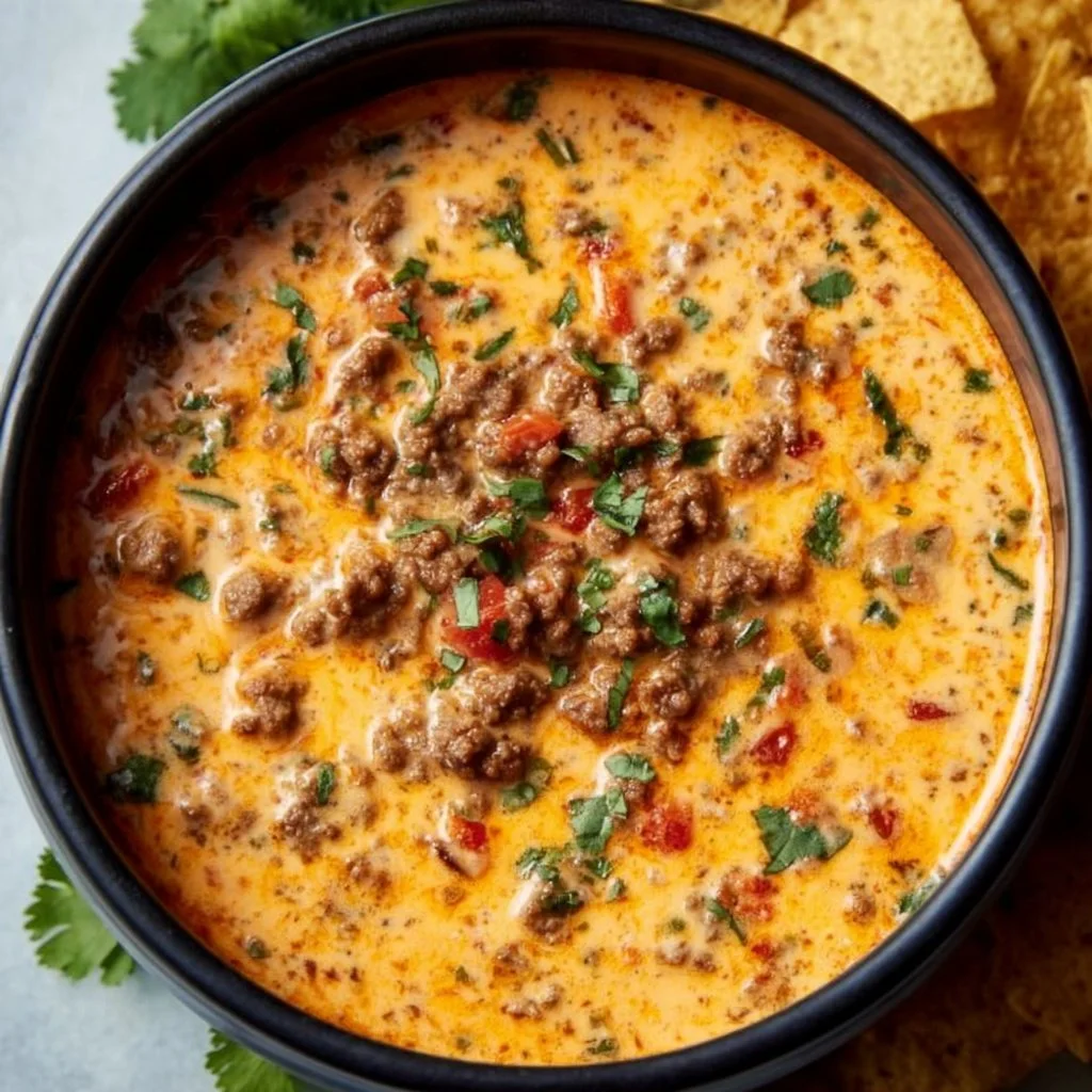 Crockpot Queso Dip served in a bowl with tortilla chips nearby