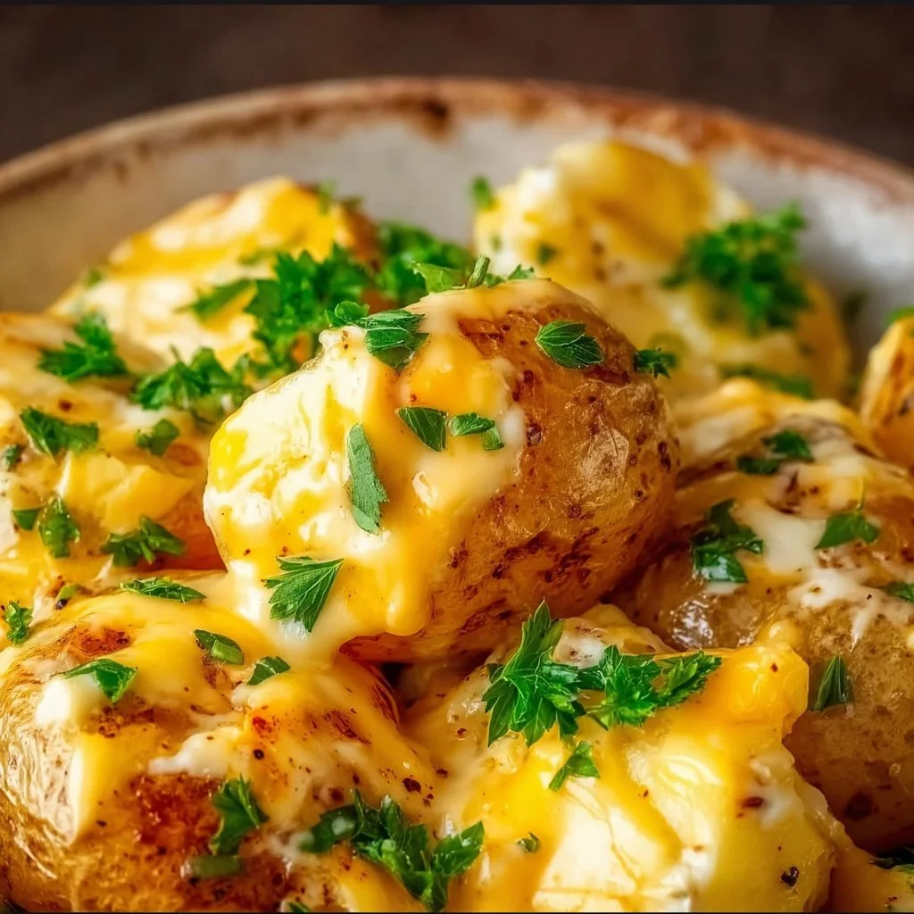 Crockpot Ranch Potatoes served in a bowl, garnished with fresh herbs