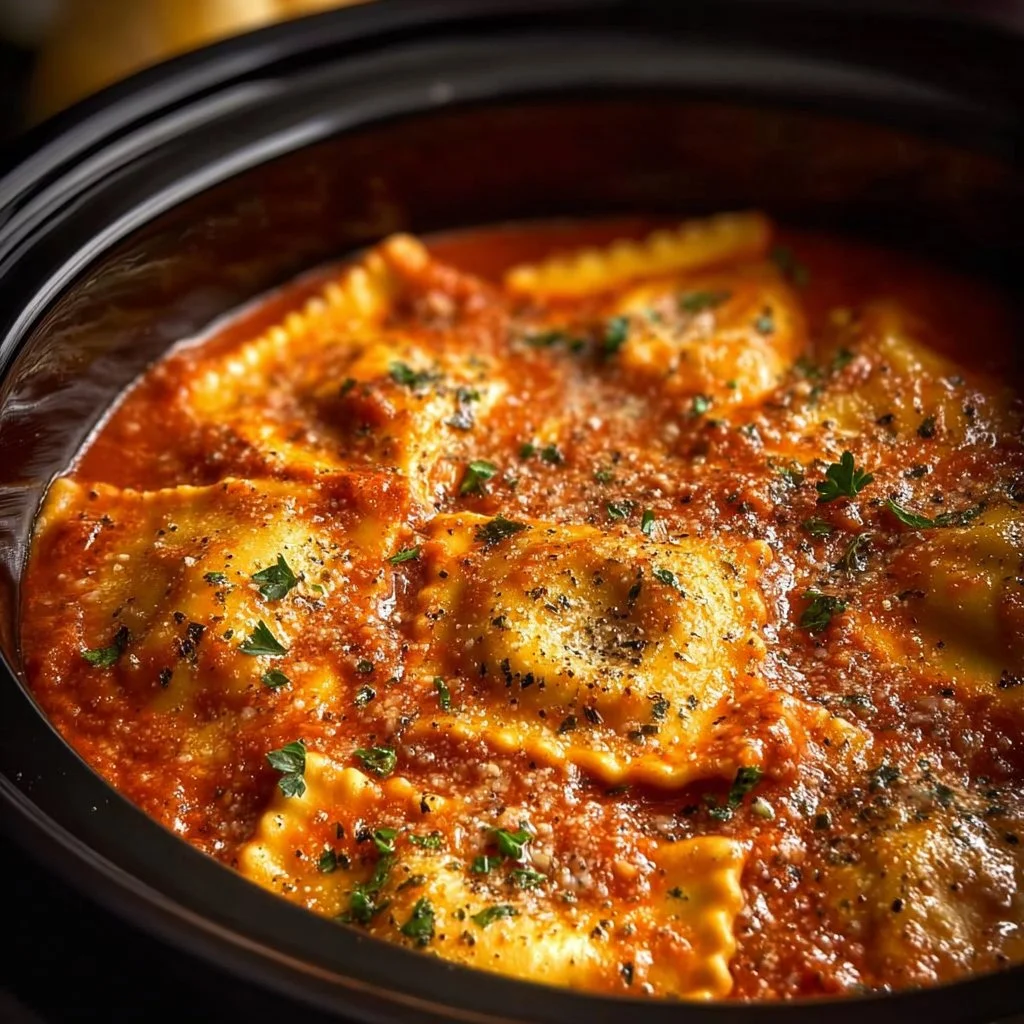 Crockpot Ravioli Lasagna served in a dish with melted cheese and garnished with herbs