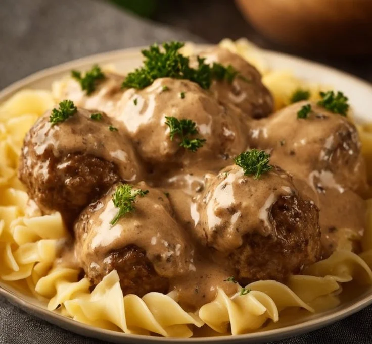 Delicious crockpot Swedish meatballs served with gravy and fresh parsley