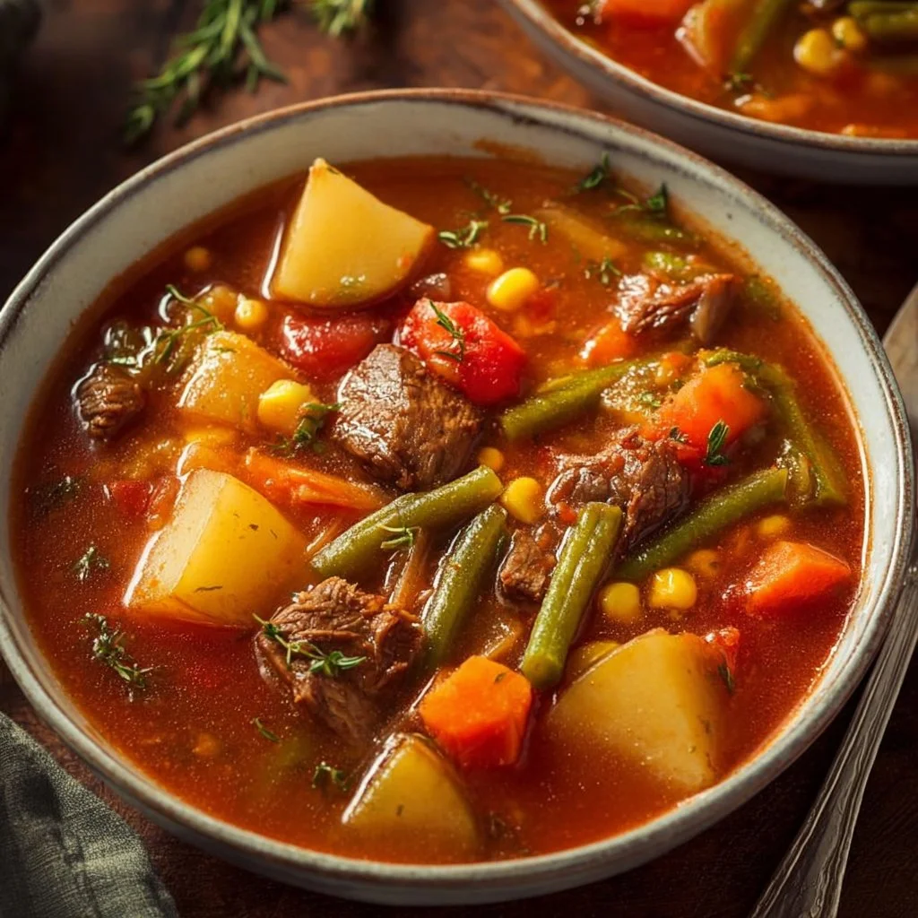 Crockpot Vegetable Beef Soup with fresh vegetables and tender beef in a bowl