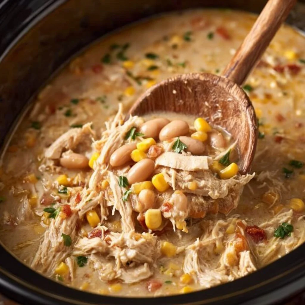 Delicious bowl of Crockpot white chicken chili topped with cilantro and lime.