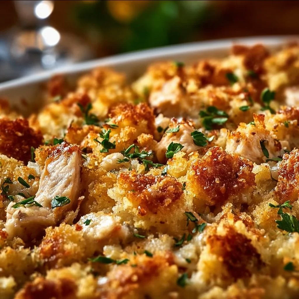 Delicious Dolly's Chicken and Stuffing Casserole served in a dish