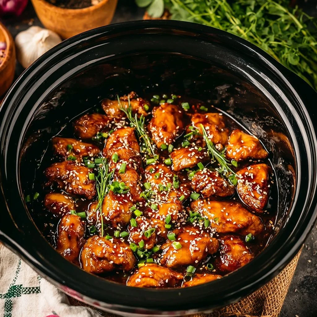 Delicious dump and go crockpot teriyaki chicken ready to serve.