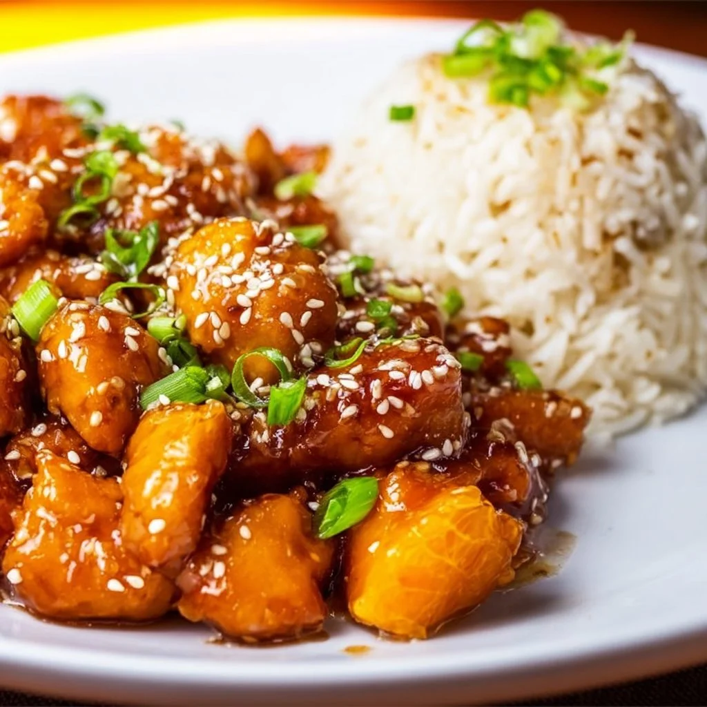 Plate of delicious homemade orange chicken garnished with green onions