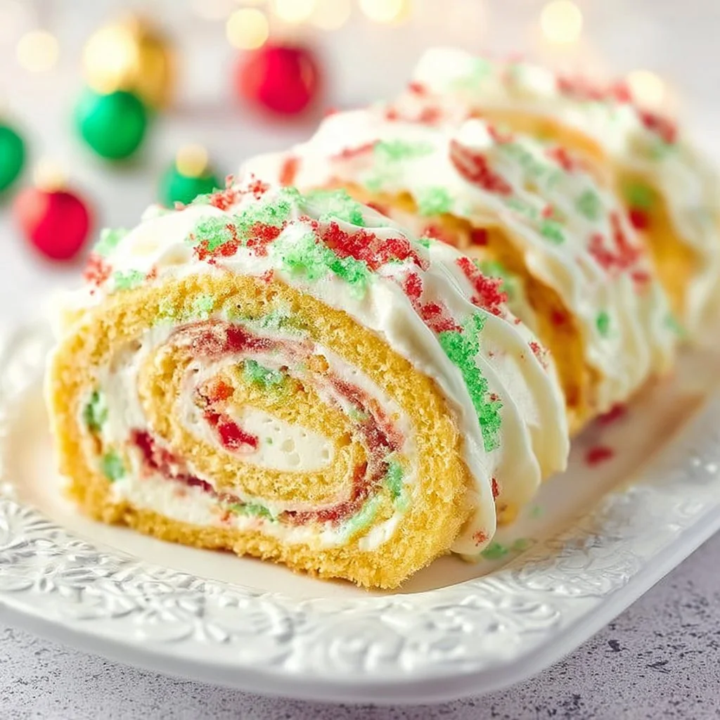 Delicious easy Christmas Cake Roll decorated with festive toppings