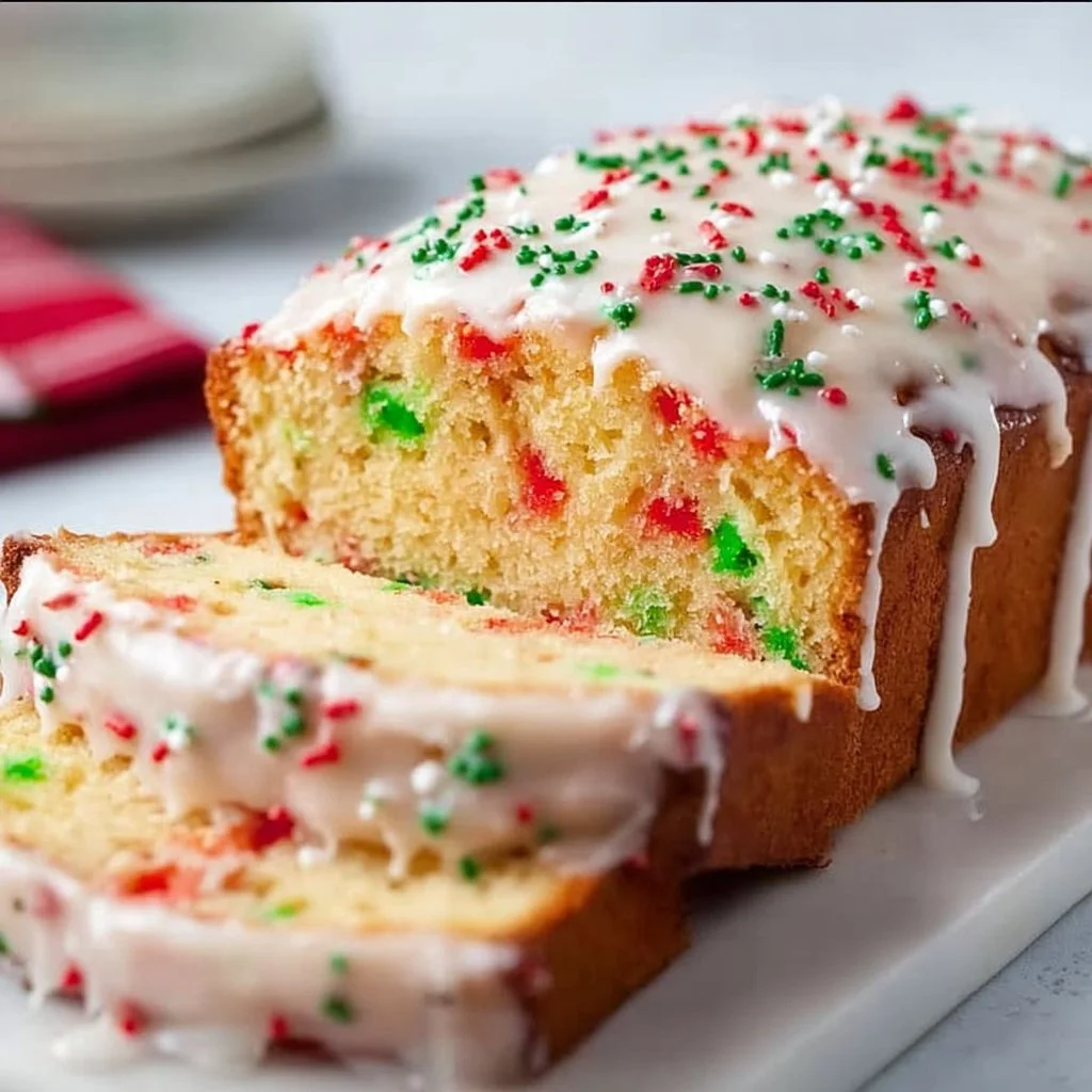 Slice of Easy Christmas Funfetti Bread with colorful sprinkles