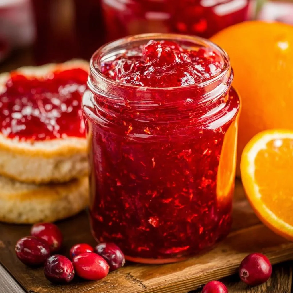 Homemade easy Christmas jam in a jar with festive decorations