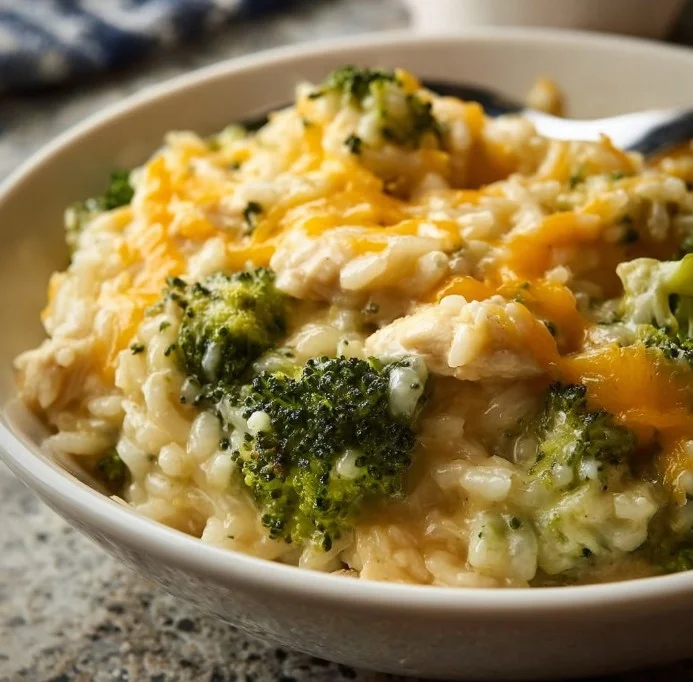 Easy crockpot cheesy chicken broccoli rice dish garnished with fresh herbs.
