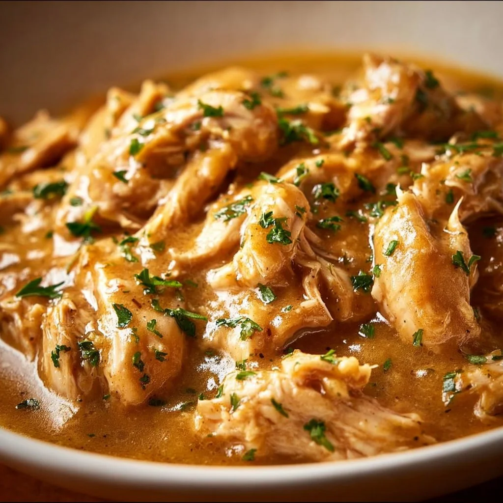 Plate of Easy Crockpot Chicken and Gravy served with vegetables