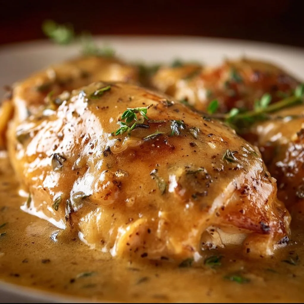 Easy Crockpot Chicken with creamy gravy served on a plate