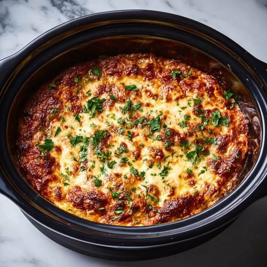 Delicious Easy Crockpot Lasagna serving on a plate with cheese and herbs