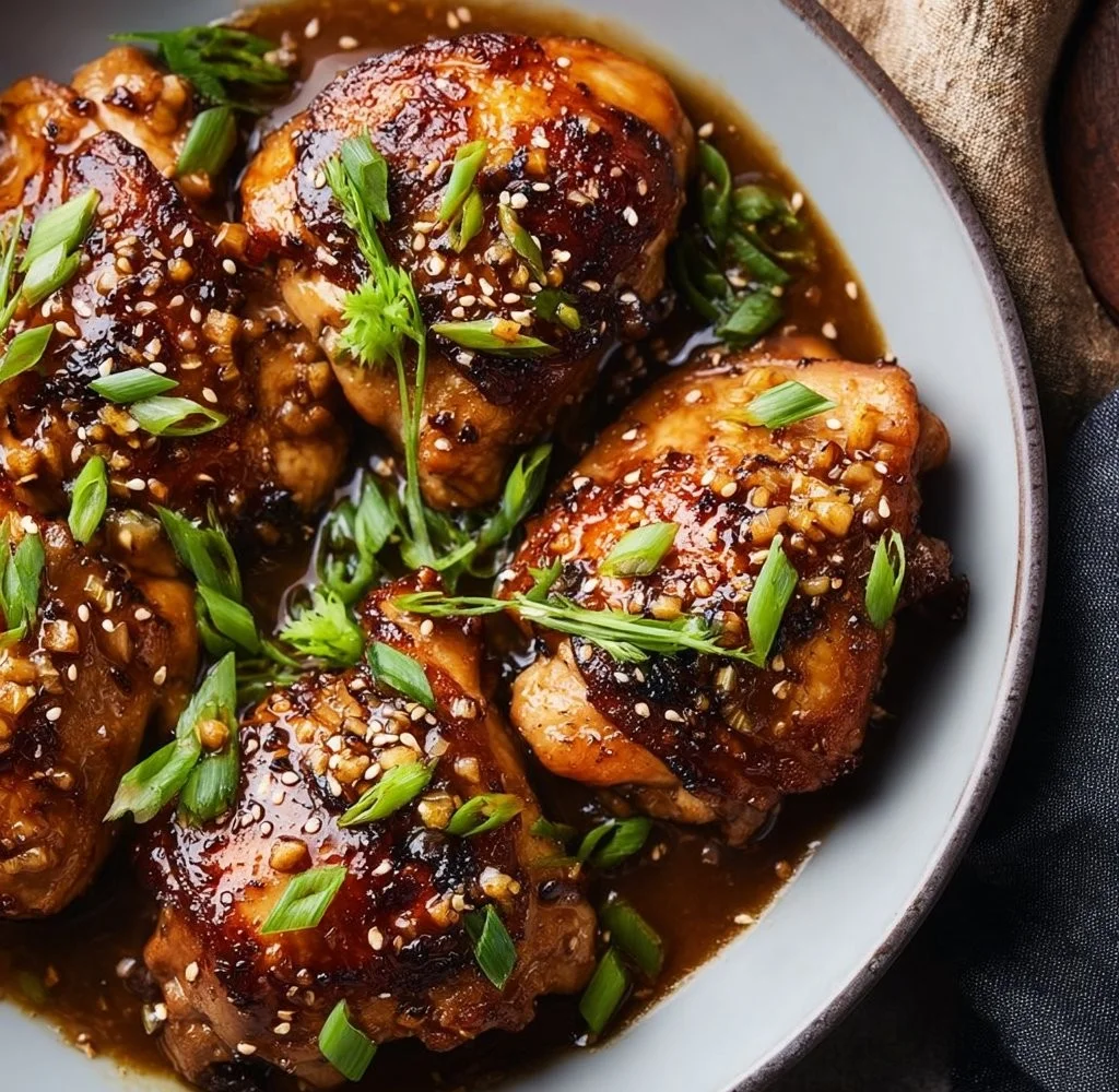 Delicious soy garlic chicken thighs plated with herbs and sesame seeds