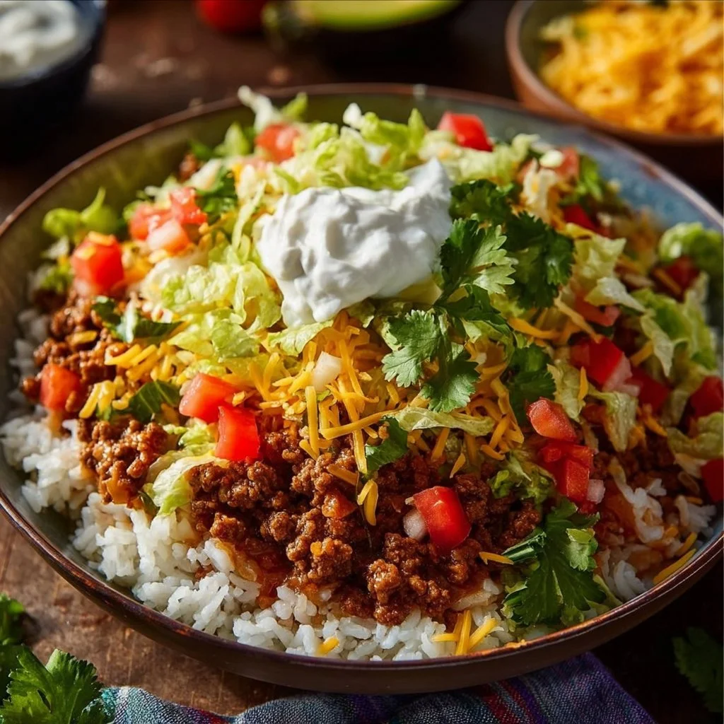 Delicious easy taco rice bowl topped with fresh ingredients and colorful toppings