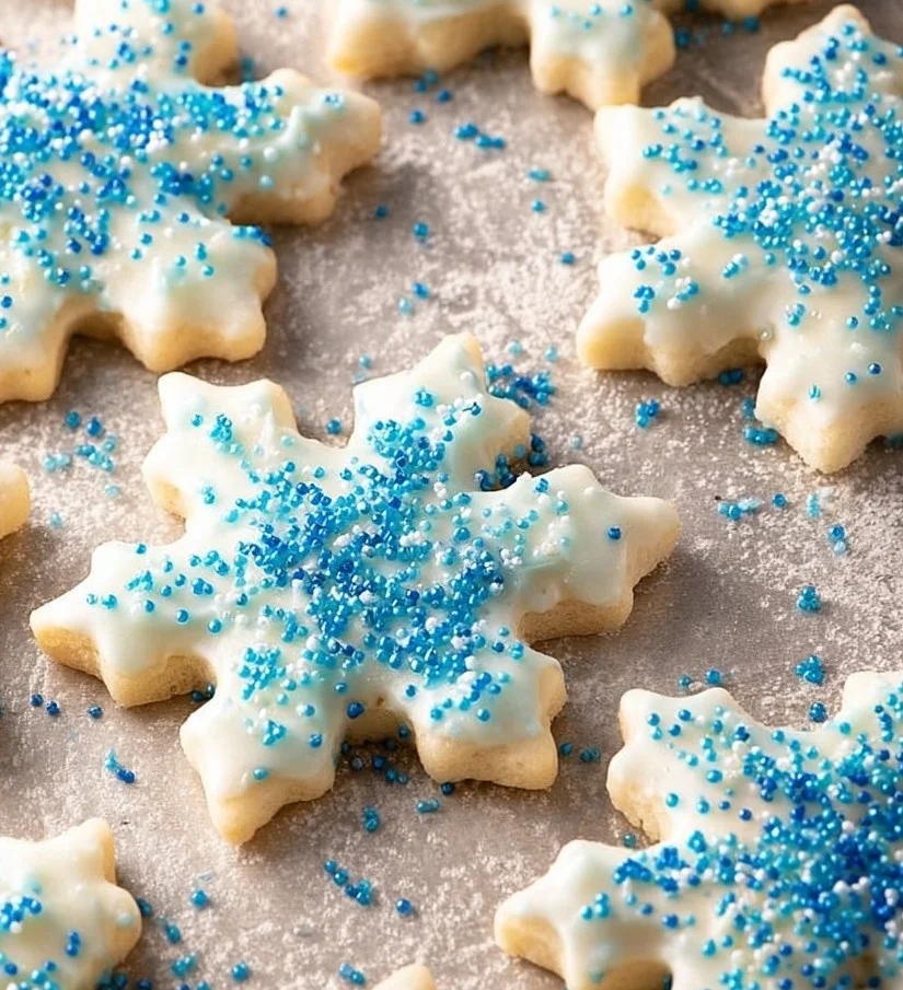 A display of festive Eggnog Cut-Out Cookies decorated for the holidays.
