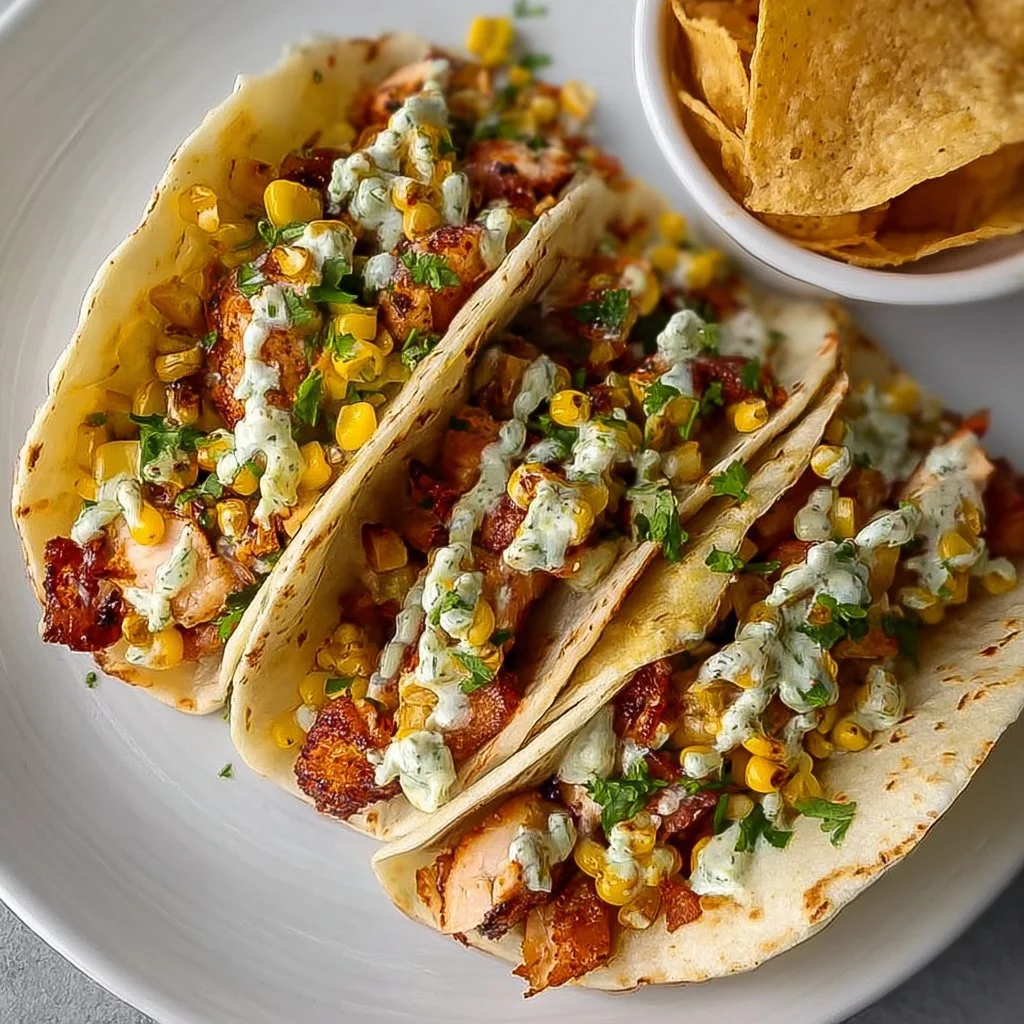 Fried chicken street corn tacos served with fresh toppings