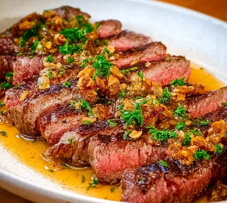 Delicious Garlic Butter Brazilian Steak served with herbs and spices.