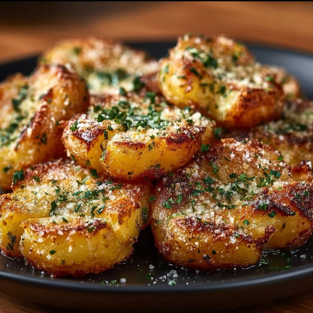 Delicious Garlic Parmesan Smashed Potatoes garnished with herbs