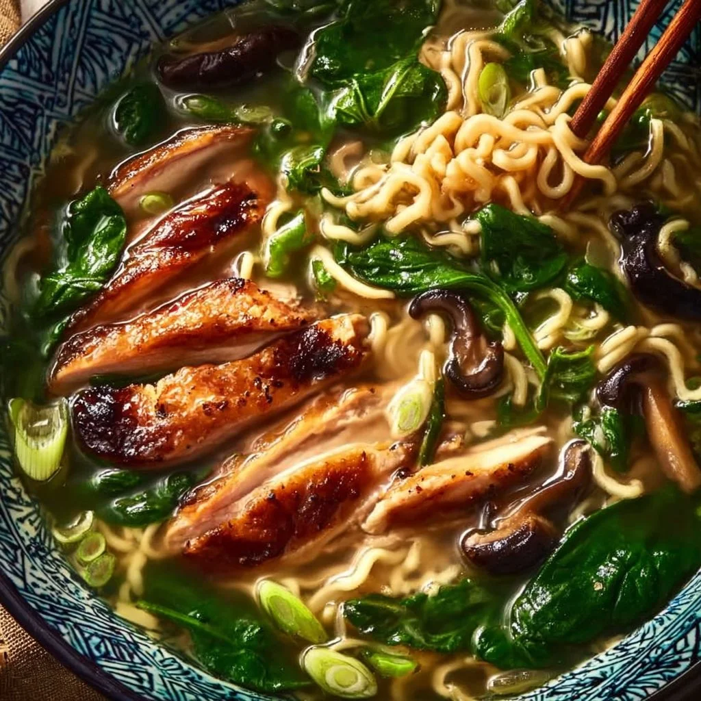 Bowl of Ginger Glazed Chicken Ramen topped with green onions and sesame seeds.