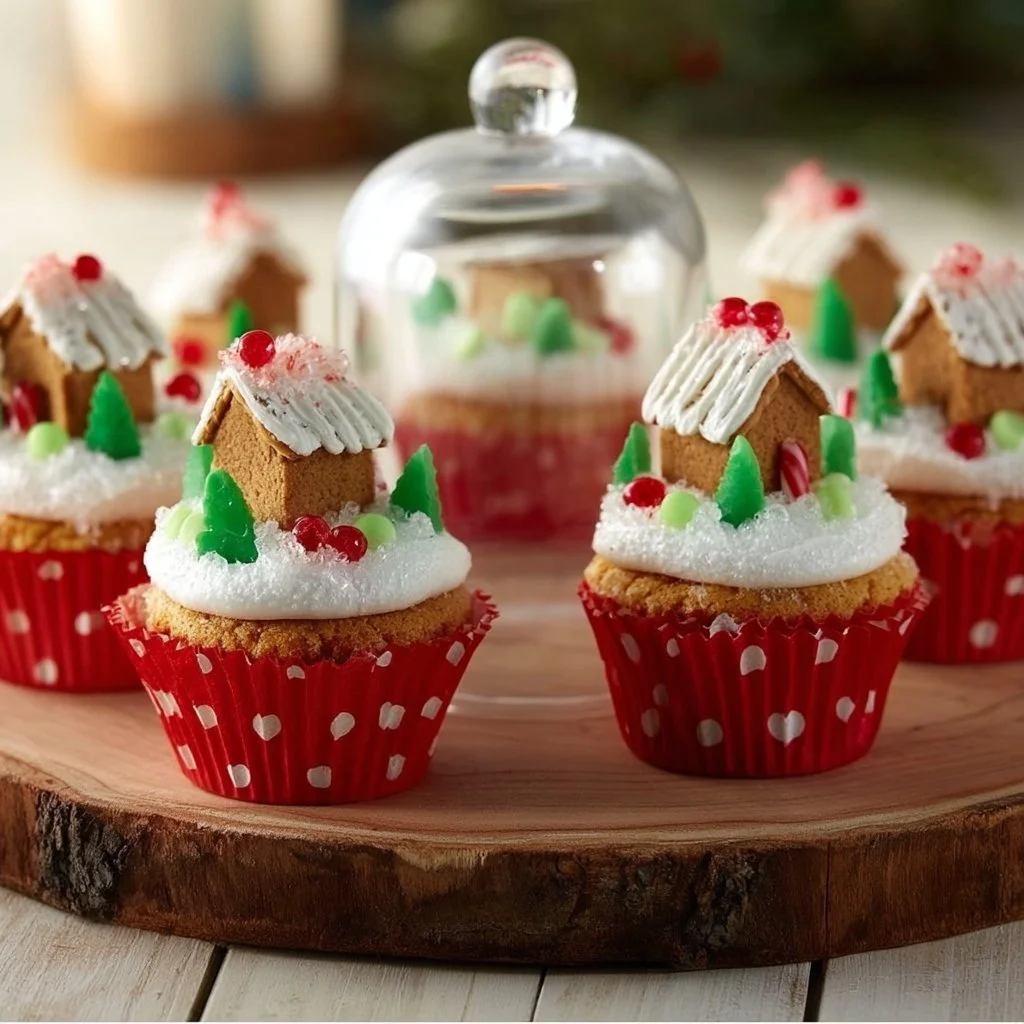 Delicious gingerbread house cupcakes decorated with frosting and candy.
