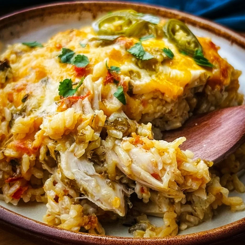Delicious Green Chile Chicken and Rice Casserole served in a baking dish