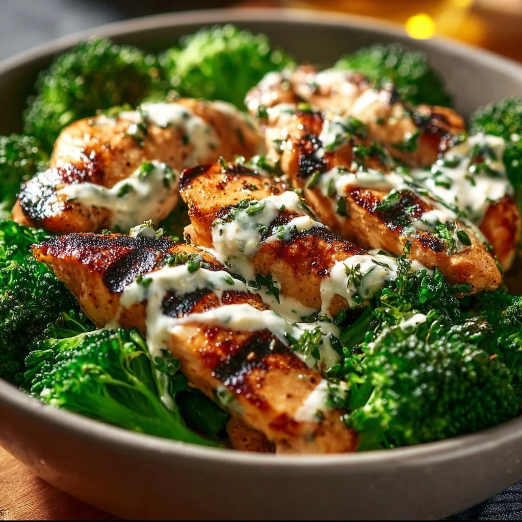 Grilled chicken and broccoli bowl with creamy garlic sauce