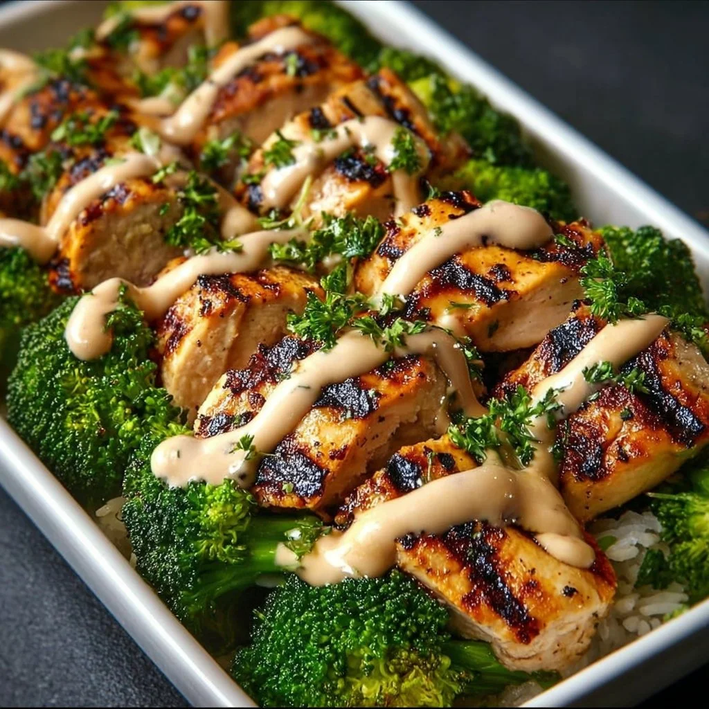 Grilled chicken and broccoli bowls with creamy garlic sauce for a tasty meal