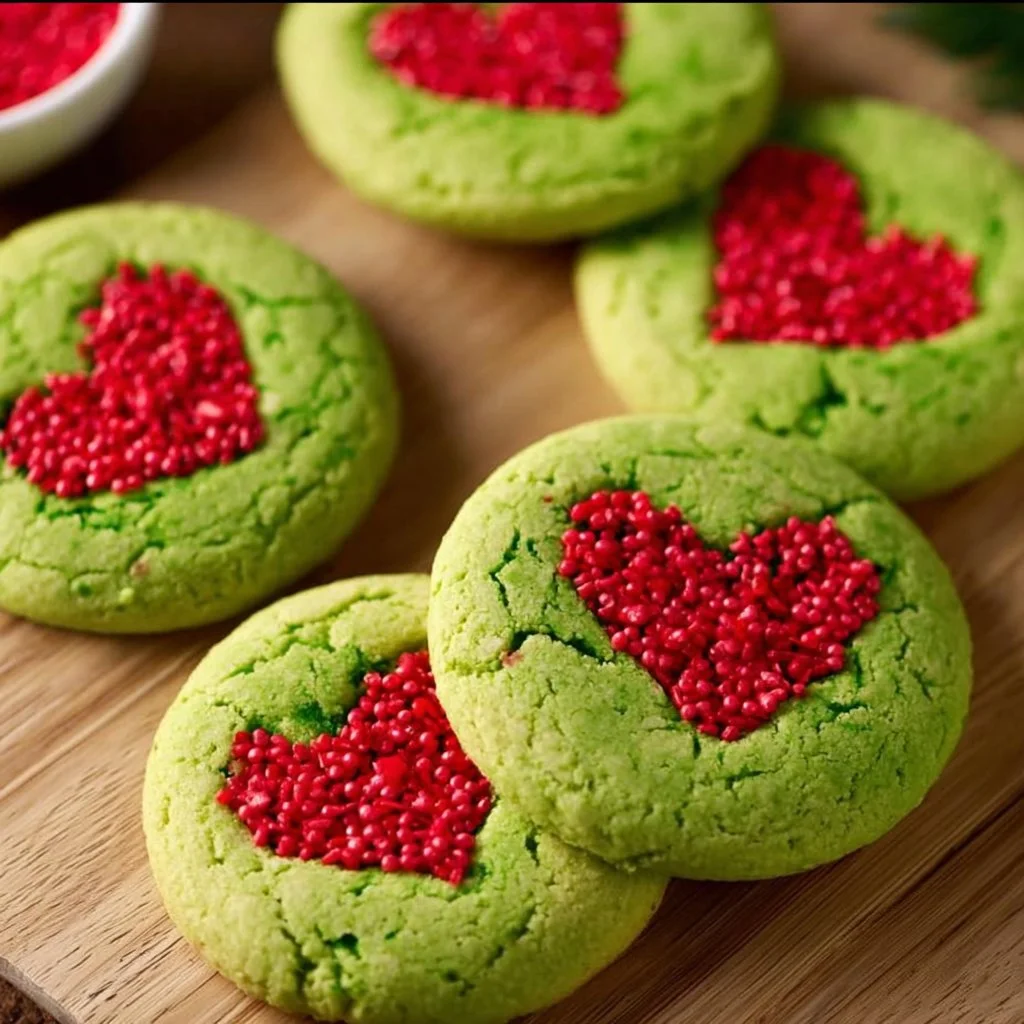 Plate of festive Grinch Sugar Cookies decorated for Christmas