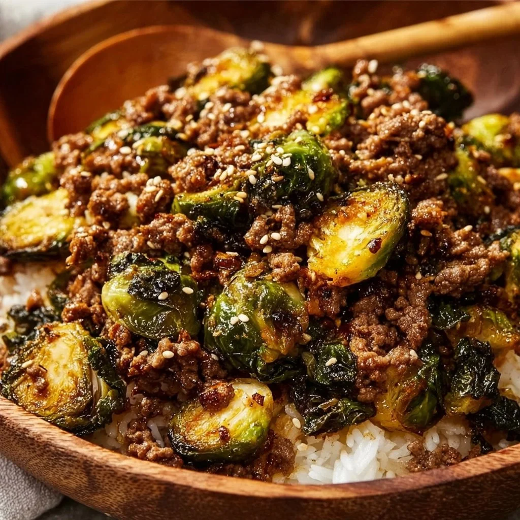 Ground beef and Brussels sprouts dish served in a bowl