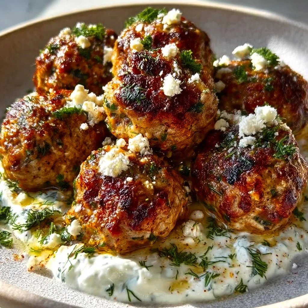 Healthy Greek turkey meatballs served with tzatziki sauce.