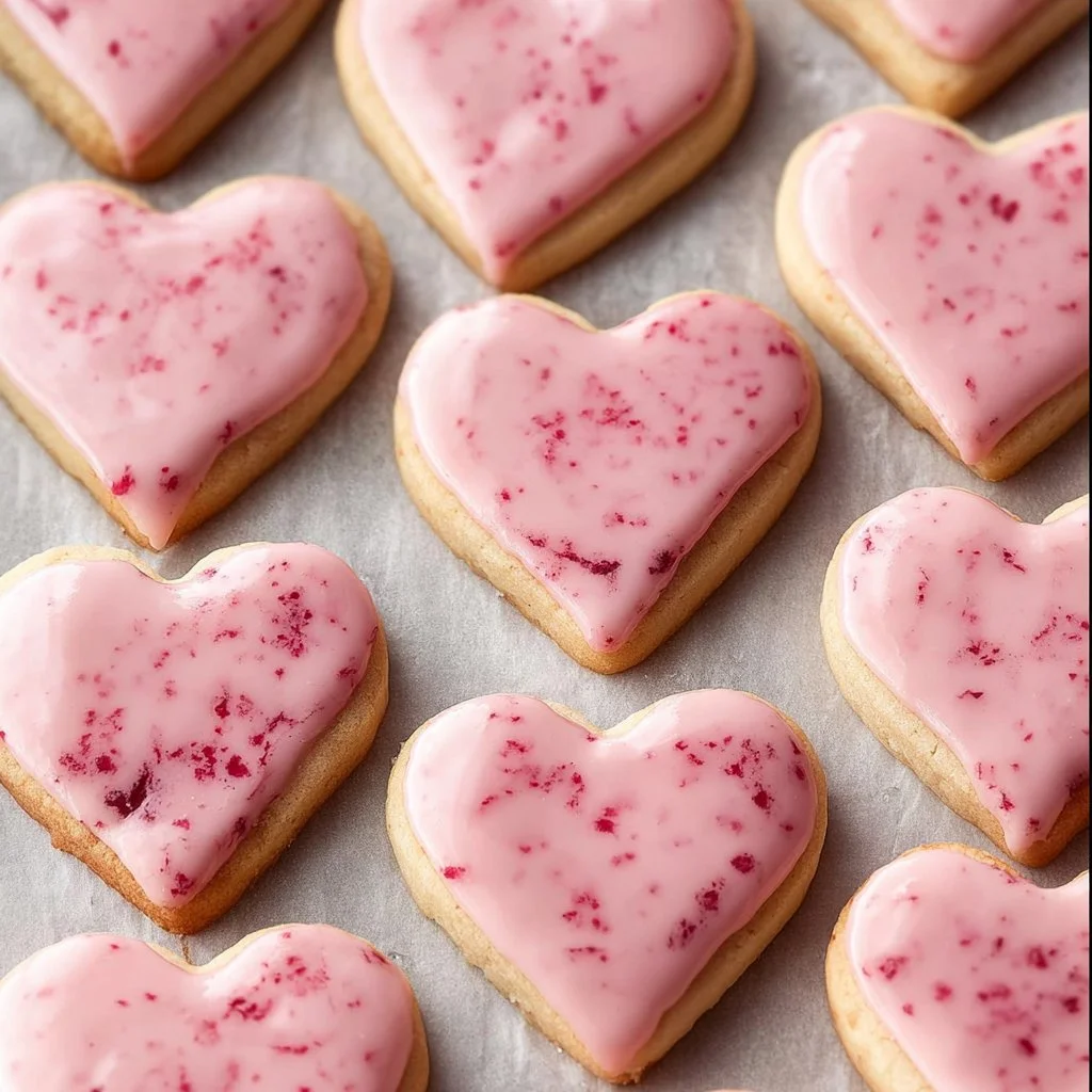 Heart-shaped strawberry shortbread cookies on a decorative plate