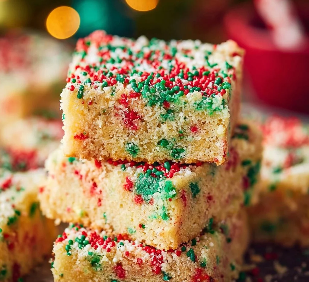Delicious holiday cake mix bars topped with festive sprinkles.