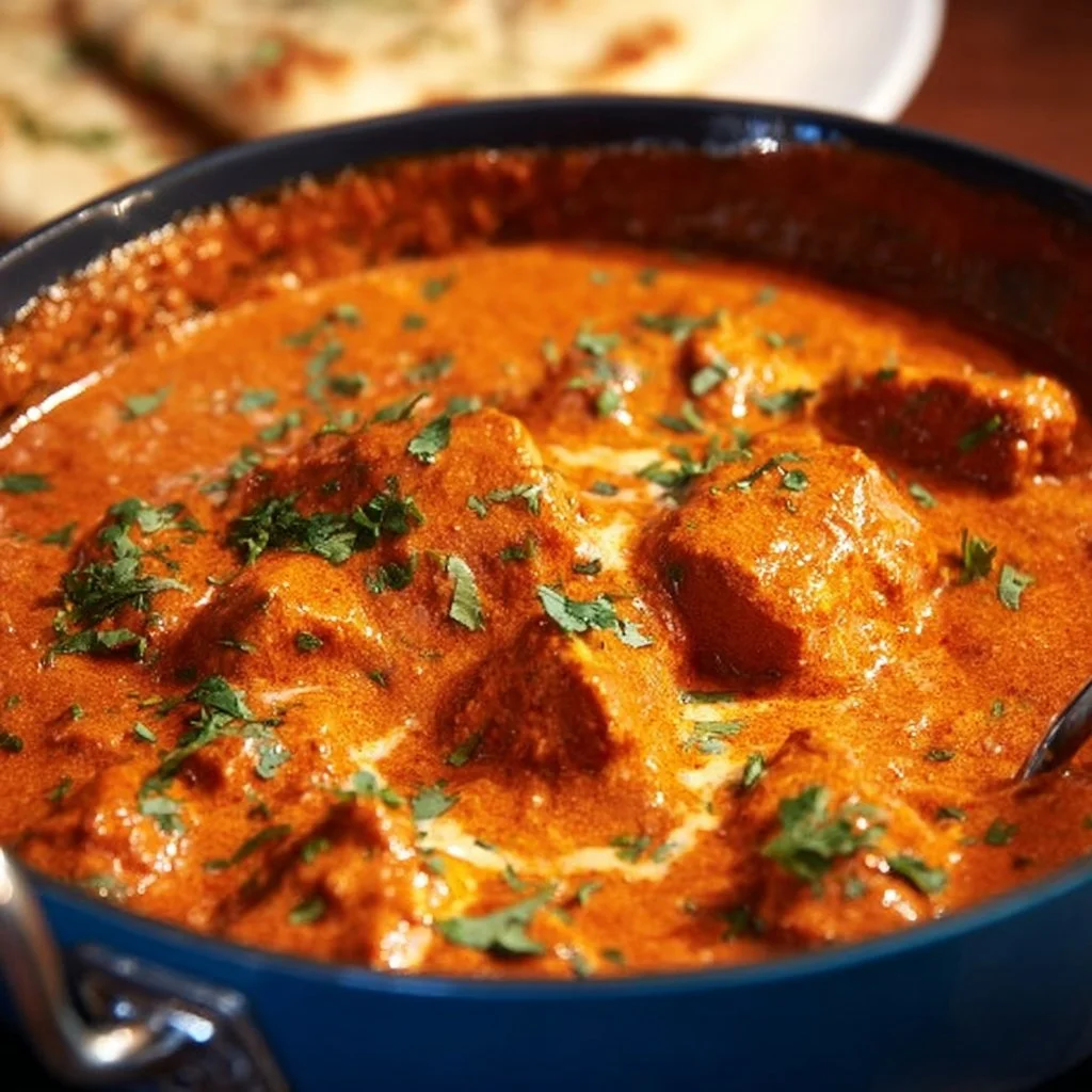 Delicious homemade butter chicken served with rice and naan