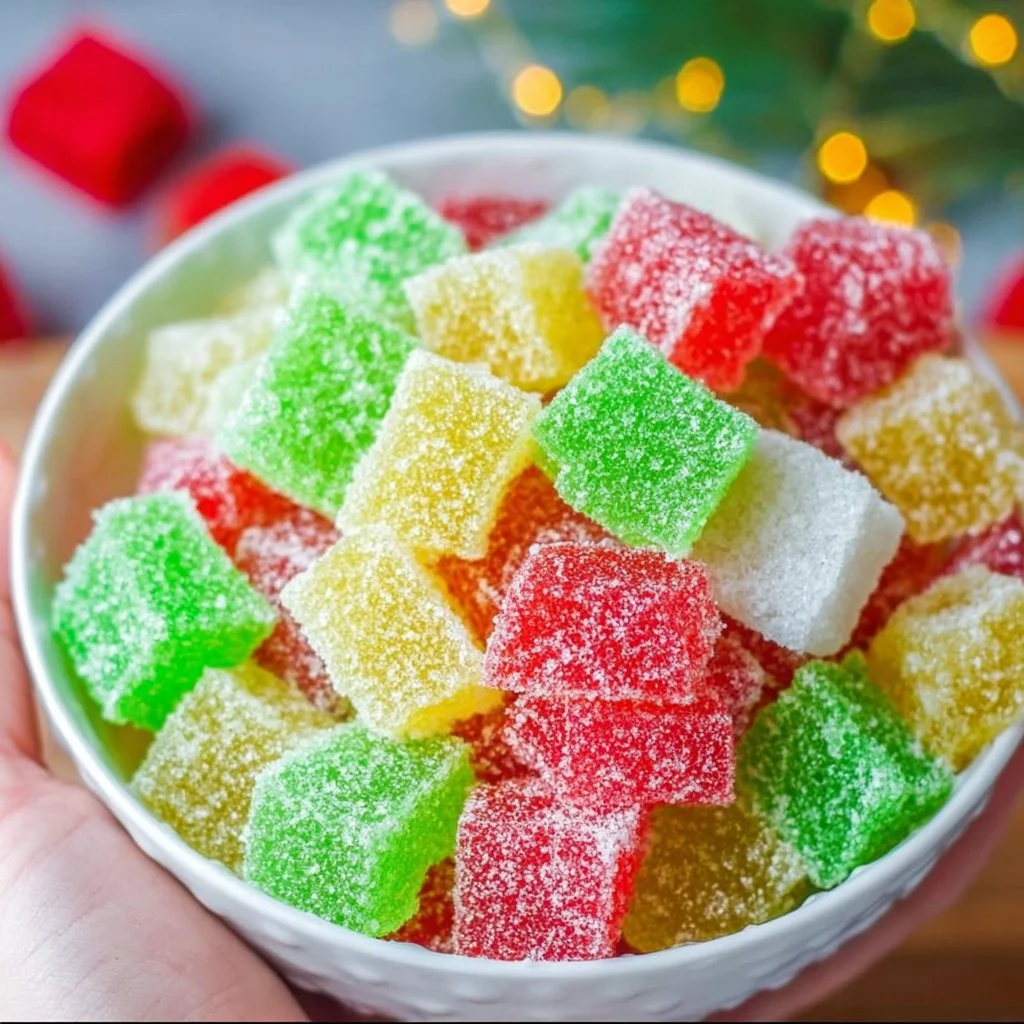 A batch of colorful homemade gumdrops on a wooden surface.