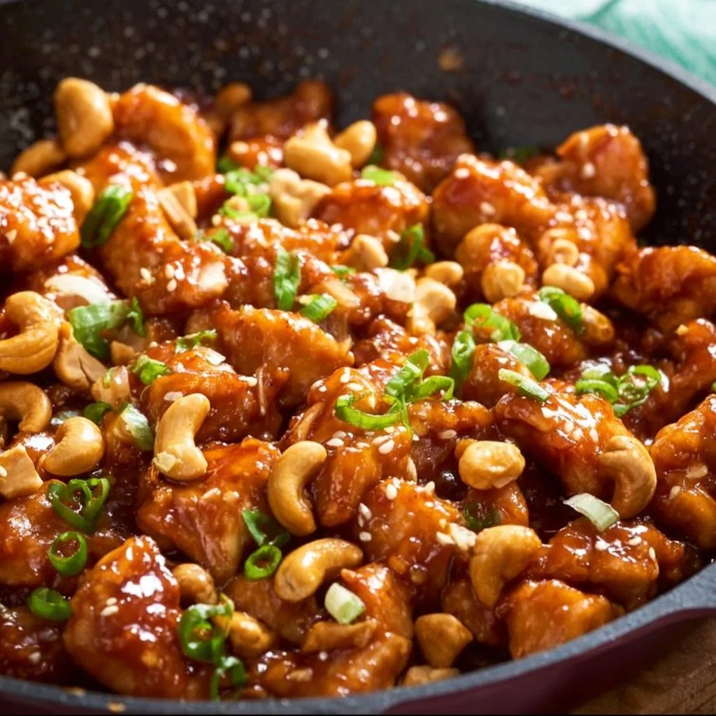 Homemade saucy stir fry cashew chicken served with vibrant vegetables