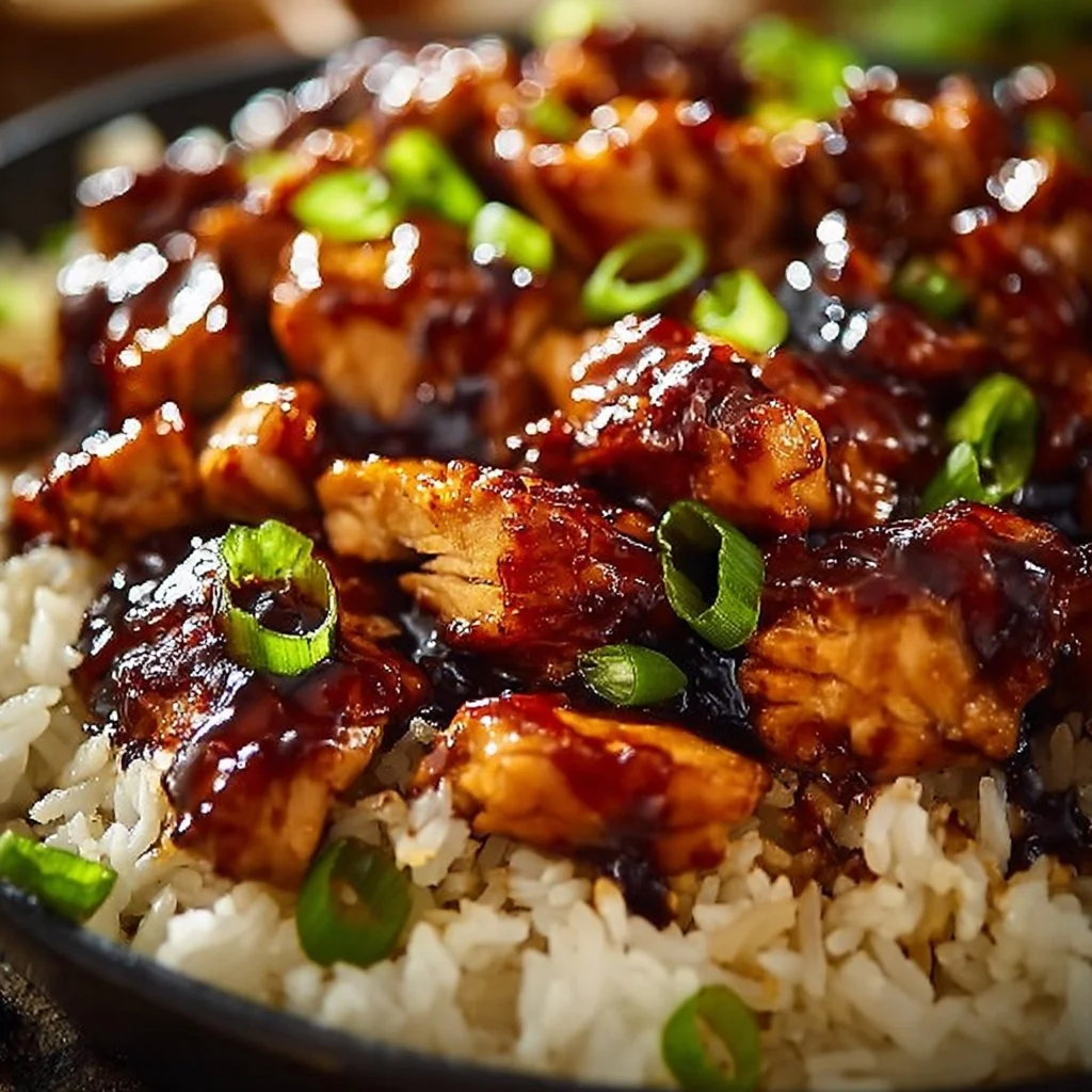 Plate of Honey BBQ Chicken Rice garnished with herbs and served with vegetables