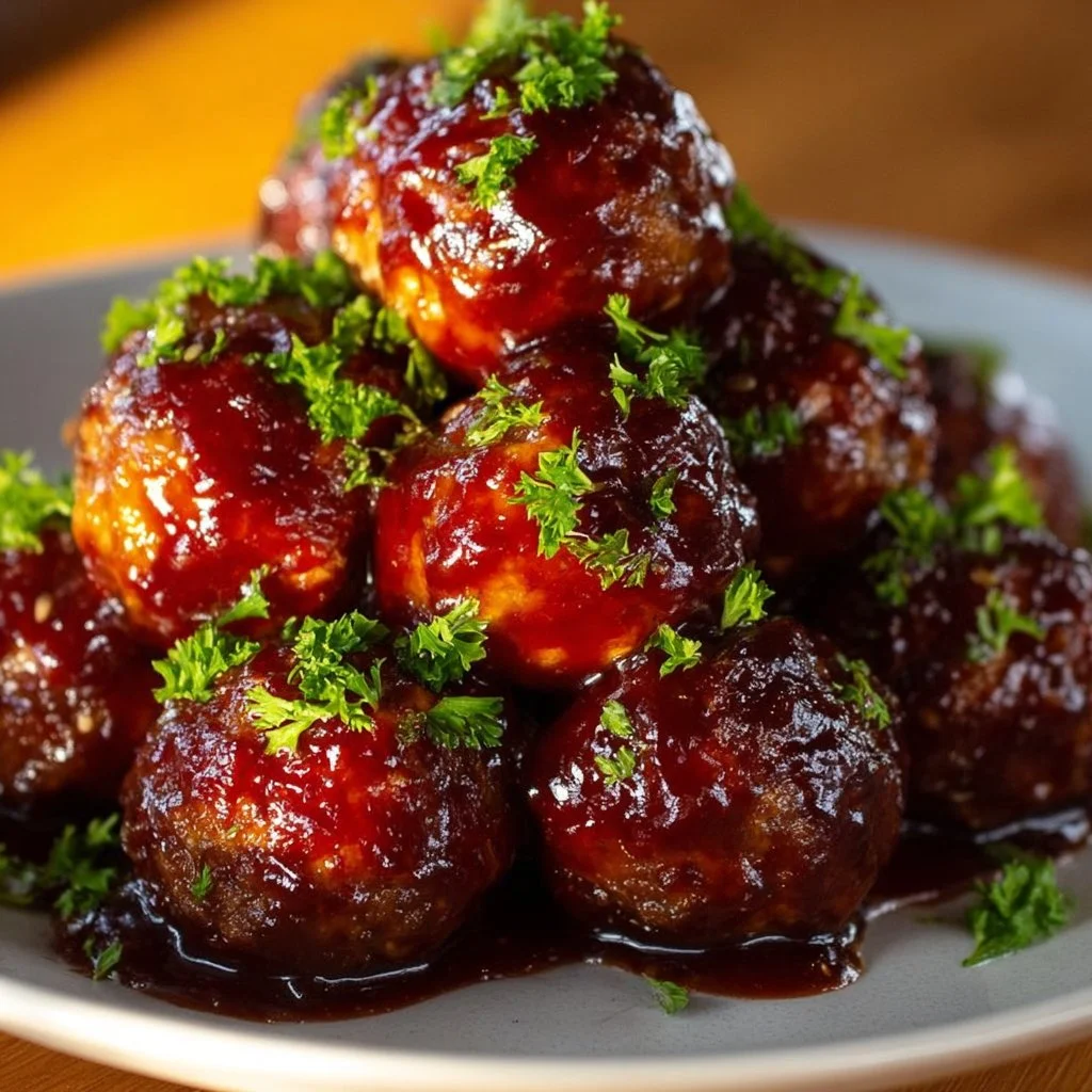 Honey BBQ Crockpot Meatballs in a serving dish