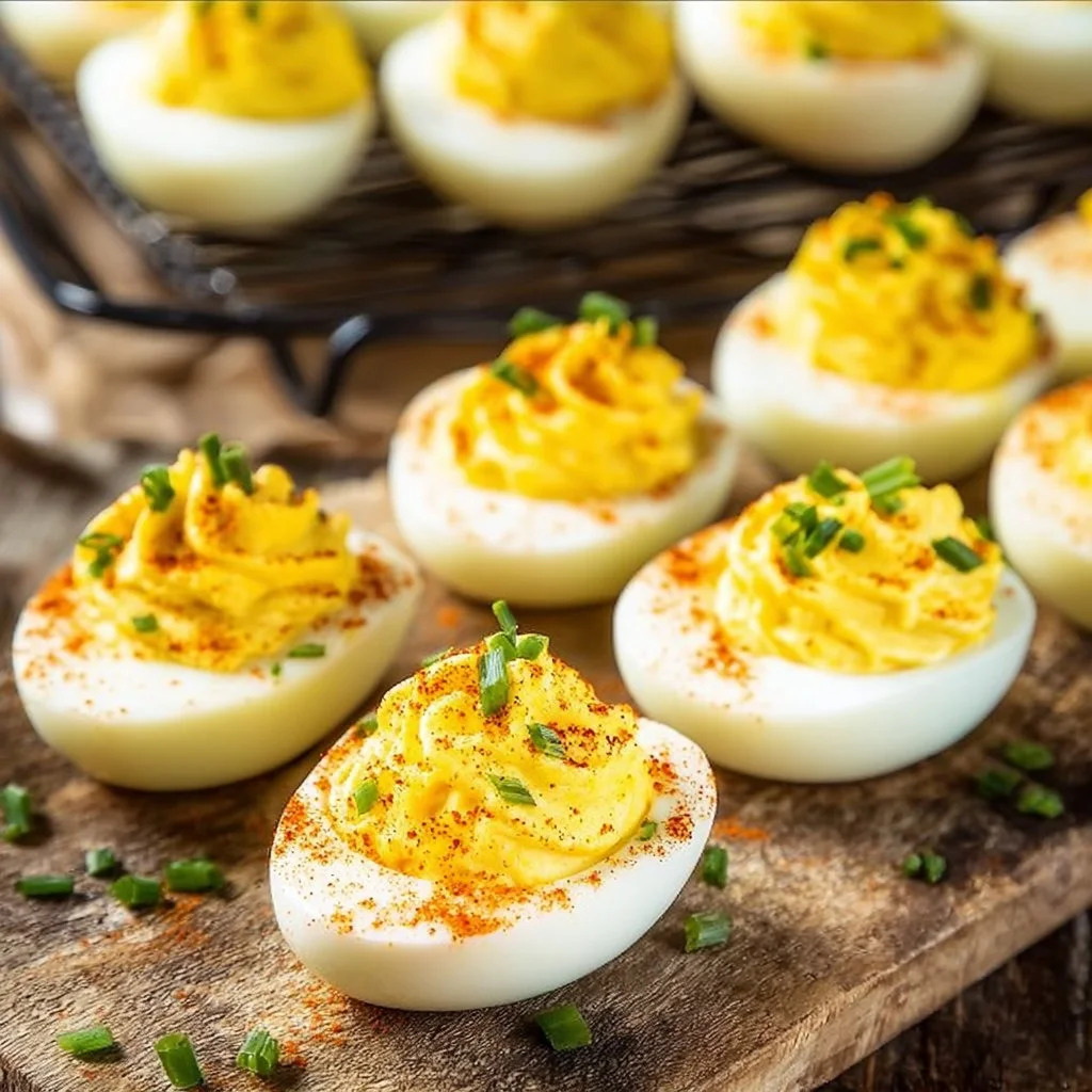 Delicious horseradish deviled eggs garnished with paprika and herbs.