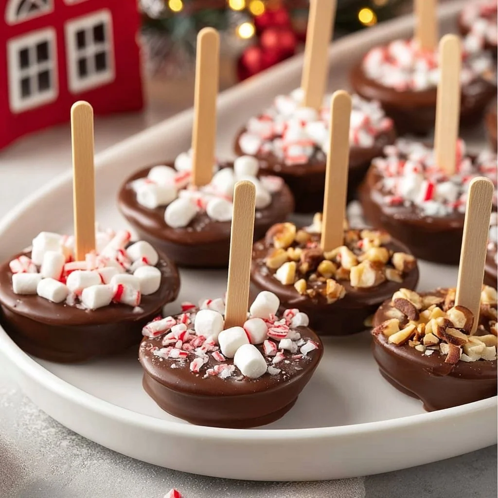 Delicious hot chocolate on a stick ready to melt into warm milk