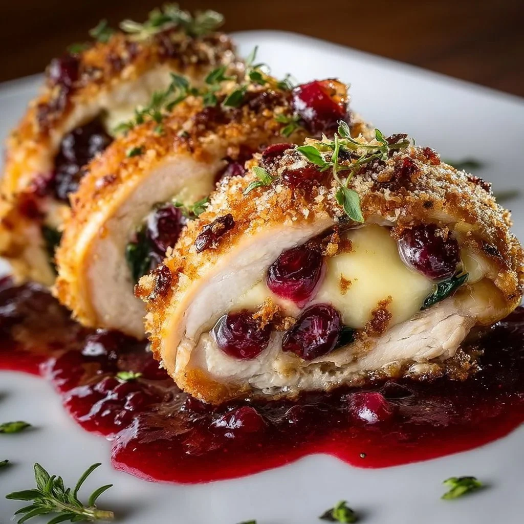 Delicious cranberry brie stuffed chicken ready to serve