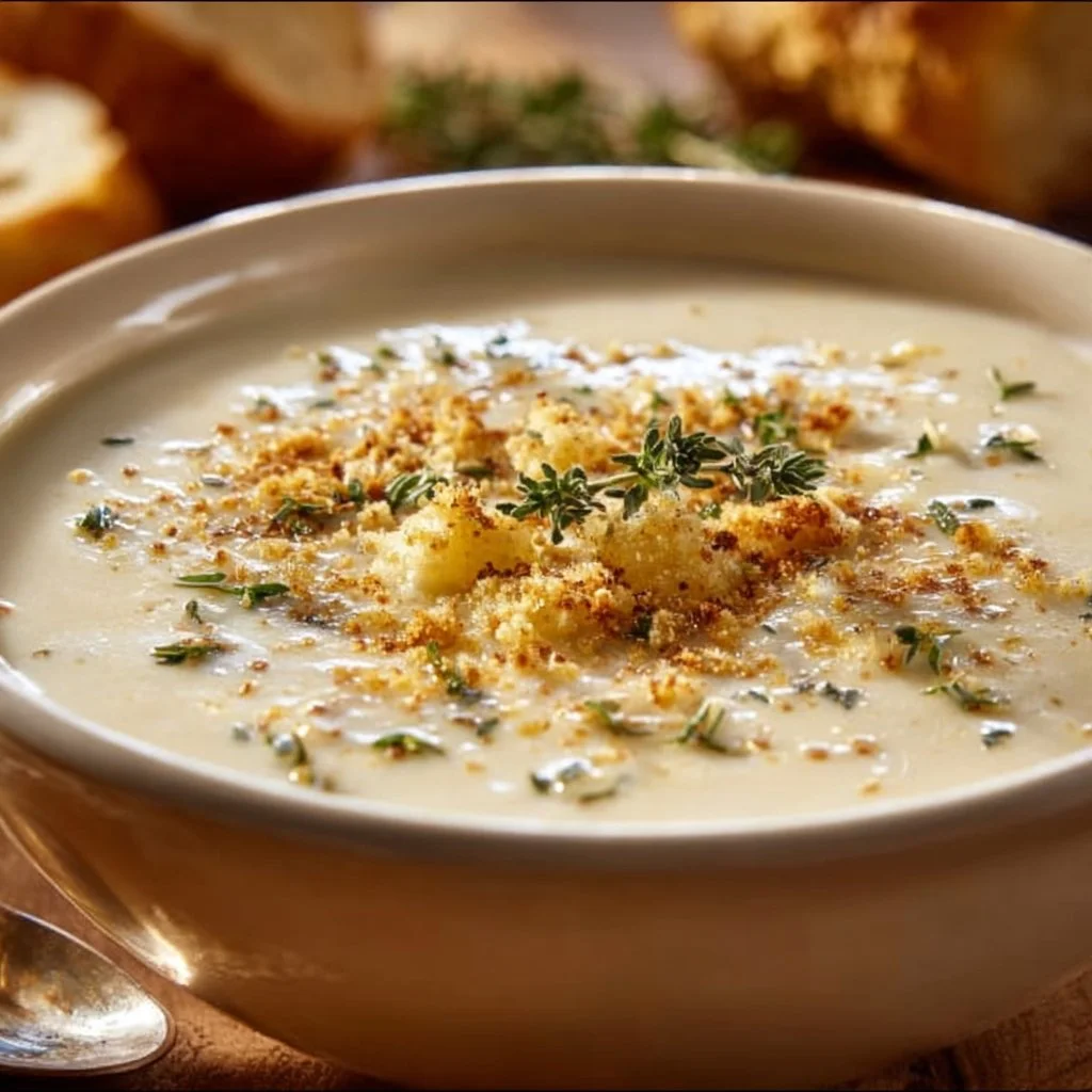 Bowl of cheddar garlic herb potato soup topped with herbs and cheese