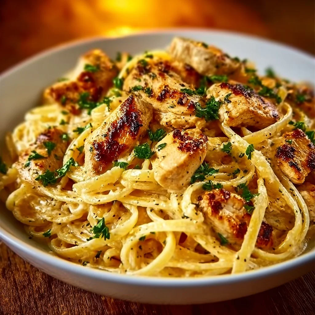 Delicious cowboy butter chicken linguine plated with fresh herbs.