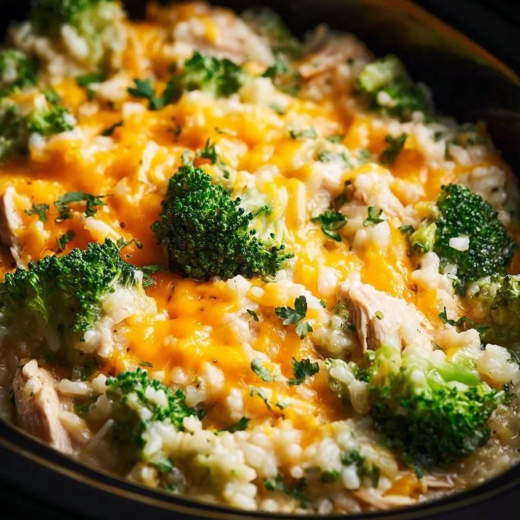Juicy crockpot broccoli chicken and rice served in a bowl