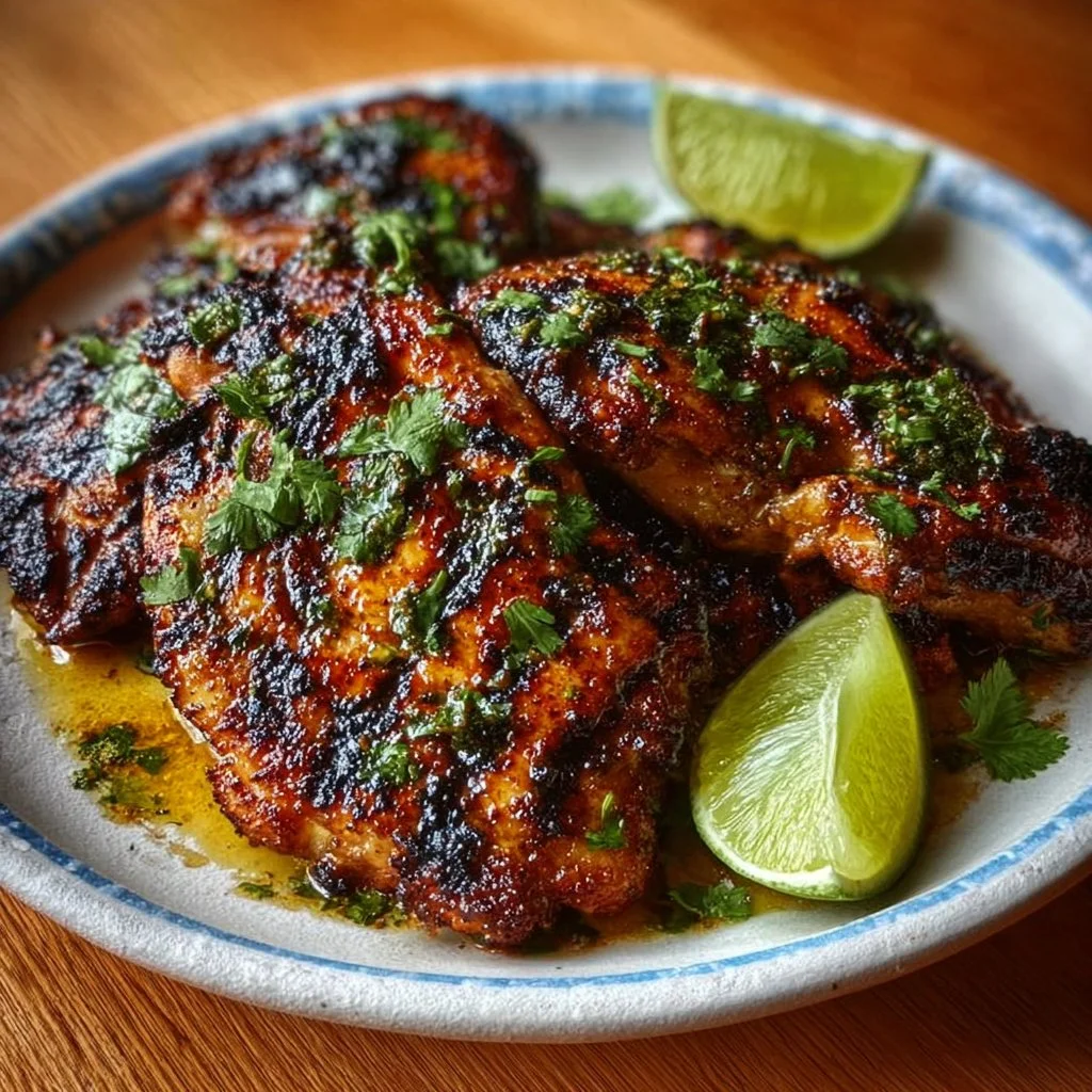 Plate of juicy spicy grilled Cuban chicken garnished with herbs and lime.
