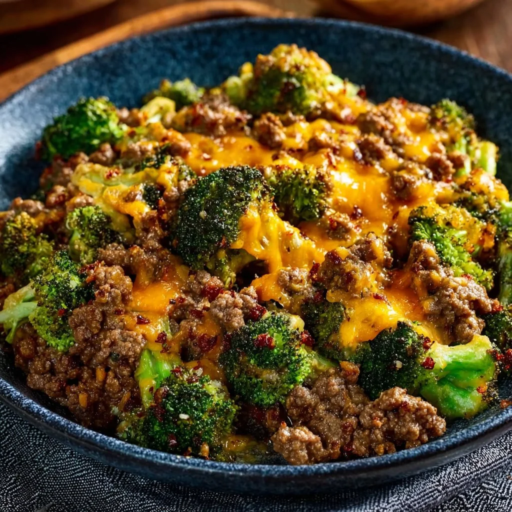 Keto Hamburger Broccoli Skillet dish with low-carb ingredients