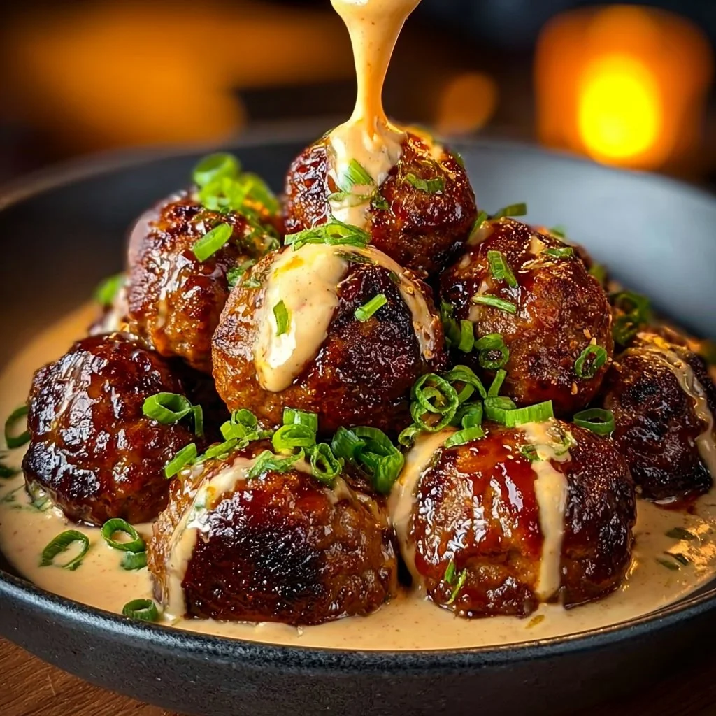 Savory Korean BBQ meatballs served with a spicy mayo dip on a plate