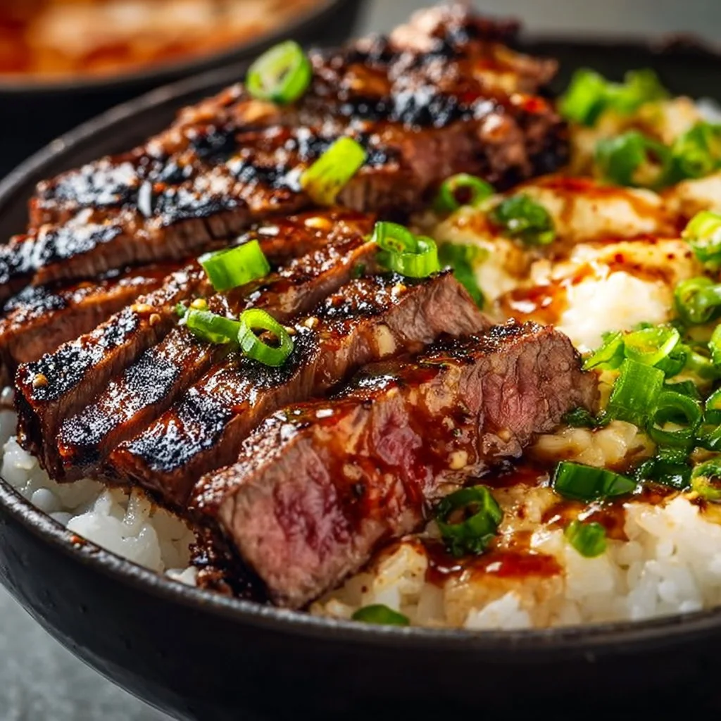 Korean BBQ Steak Rice Bowl topped with spicy cream sauce